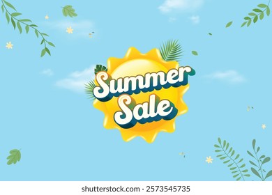 Summer Sale With Leaves On Sky Background. Vector Illustration For  Hot Summer Festival, Vacation, Party Etc.