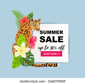 Summer sale with leopard, tropical leaves, flowers. Place for text. Template for poster, web, party invitation, flyer. Vector illustration.