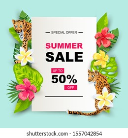 Summer sale with leopards, tropical leaves, flowers. Place for text. Template for poster, web, party invitation, flyer. Vector illustration.
