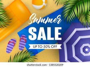 Summer sale lettering with air mattress, beach mat and ball. Vacation, summer offer or sale design. Handwritten and typed text, calligraphy. For leaflets, brochures, invitations, posters or banners.