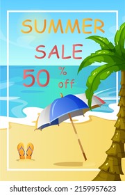 Summer sale lettering banner. Seascape poster. Summer discount flyer. Vector illustration.