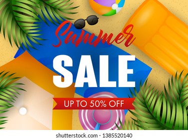 Summer sale lettering with beach mat, hat, ball and air mattress. Summer offer or sale design. Handwritten and typed text, calligraphy. For leaflets, brochures, invitations, posters or banners.