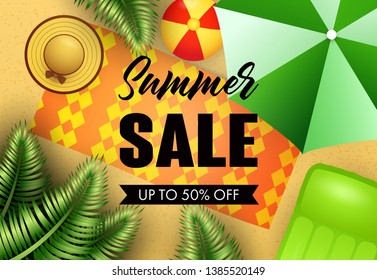 Summer sale lettering with beach mat, hat and umbrella. Vacation, summer offer or sale design. Handwritten and typed text, calligraphy. For leaflets, brochures, invitations, posters or banners.