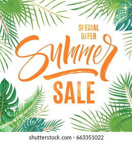Summer sale lettering beautiful background with exotic palm leaves and plants. Brush painted letters, template for banner, flyer or gift card. Modern calligraphy, vector illustration.