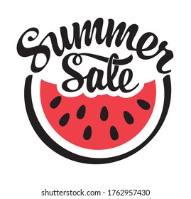 Summer sale lettering with bitten piece of watermelon. Vector promotional banner with calligraphic inscription and decorative watermelon. Suitable for poster, flyer, design element, t-shirt graphic