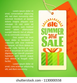 Summer Sale lettering Design Template with icon of abstract sun and Gift Box with Ribbon Bow on paper Label with rope. Typography Vector Background