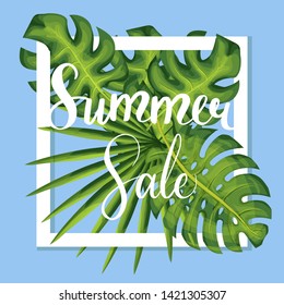 Summer sale lettering discount vector template palm leaves