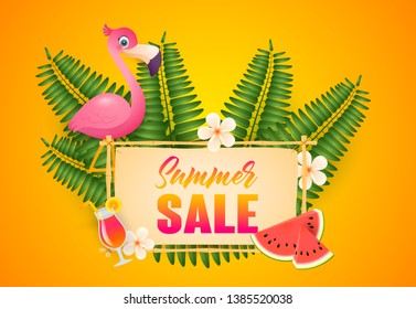 Summer Sale lettering, flamingo, cocktail and watermelon. Tourism, summer offer or sale design. Handwritten and typed text, calligraphy. For leaflets, brochures, invitations, posters or banners.