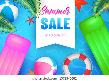 Summer Sale lettering, floating raft, beach balls and lifebuoy. Tourism, summer offer or shopping design. Handwritten and typed text, calligraphy. For brochures, invitations, posters or banners.