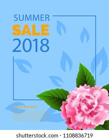 Summer sale lettering in frame with peony. Summer offer or sale advertising design. Typed text, calligraphy. For leaflets, brochures, invitations, posters or banners.
