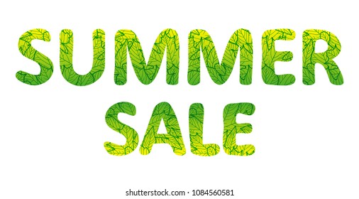 Summer sale lettering. Green text with foliage texture. Vector illustration, isolated on white background