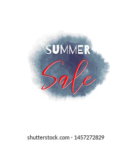 Summer sale lettering inscription. Vector hand drawn gray watercolor texture isolated on white background. Grunge painted calligraphy frame template, dry brush stains, strokes, splash, blots, smudge.