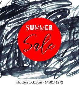Summer sale lettering inscription. Vector hand drawn watercolor ink doodles texture background, red logo. Grunge painted calligraphy frame template, dry brush stains, strokes, splash, blots, smudge.