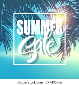 Summer Sale Lettering On Blue Background. Vector Illustration EPS10