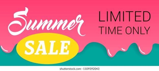 Summer sale lettering on dripping paint. Summer offer or sale advertising design. Handwritten and typed text, calligraphy. For leaflets, brochures, invitations, posters or banners.