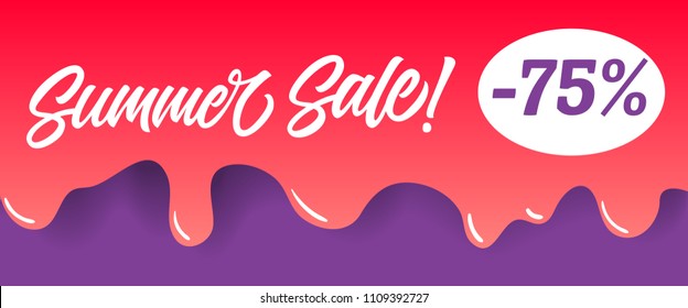 Summer sale lettering on red dripping paint. Summer offer or sale advertising design. Handwritten and typed text, calligraphy. For leaflets, brochures, invitations, posters or banners.