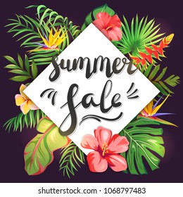 Summer Sale. Lettering on tropical leaves and exotic flowers
