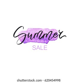 Summer sale lettering on watercolor purple stain. Vector inspiration. Handwritten modern brush calligraphy for cards, flyers, prints and posters.
