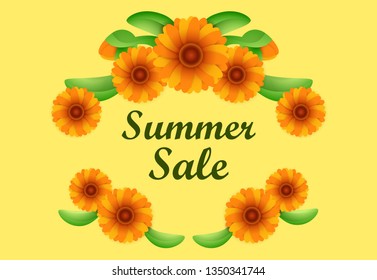 Summer sale lettering with orange flowers. Vacation, summer offer or sale advertising design. Handwritten text, calligraphy. For leaflets, brochures, invitations, posters or banners.