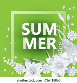 summer sale lettering with paper art flowers on bright background