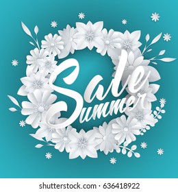 summer sale lettering with paper art flowers on bright background