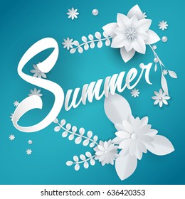 summer sale lettering with paper art flowers on bright background
