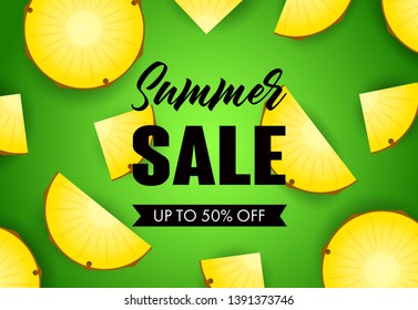 Summer sale lettering with pineapple slices. Tourism, summer offer or sale design. Handwritten and typed text, calligraphy. For leaflets, brochures, invitations, posters or banners.