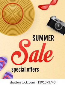 Summer sale lettering with sea beach, camera, hat and flip flops. Tourism, summer offer or sale design. Handwritten and typed text, calligraphy. For leaflets, brochures, invitations, posters, banners