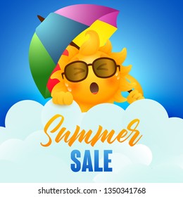 Summer sale lettering and sun cartoon character with umbrella. Summer offer or sale advertising design. Handwritten and typed text, calligraphy. For leaflets, brochures, invitations or banners.
