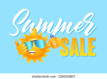 Summer sale lettering with sun character holding sun cream. Tourism, summer offer or sale advertising design. Handwritten and typed text, calligraphy. For leaflets, invitations, posters or banners.