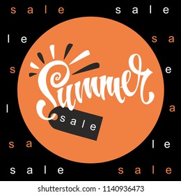 Summer sale.  Lettering. Sun and rays. Tag design for discount. Shopping on site. Vector illustration