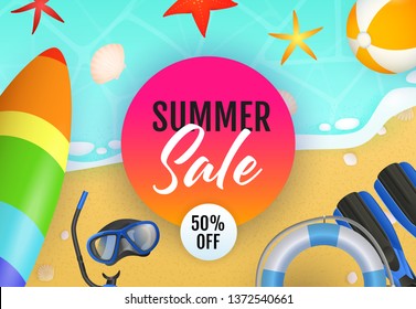 Summer Sale lettering, surfboard, lifebuoy and beach ball. Tourism, summer offer or shopping design. Handwritten and typed text, calligraphy. For brochures, invitations, posters or banners.