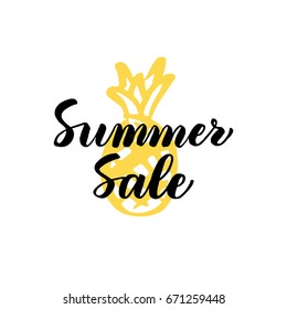 Summer Sale Lettering. Vector Illustration of Calligraphy and Pineapple Fruit Design Element.