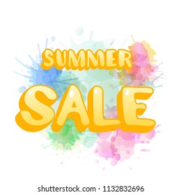 Summer Sale lettering with watercolor texture. Template for ad with stickers text and bright decoration. Vector illustration.