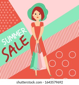 Summer sale lettering with young joyful people. Isolate on colorful background. Hanging shopping bag.