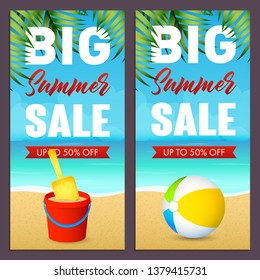 Summer sale letterings set with ball and toy bucket on beach. Tourism, summer offer or shopping design. Handwritten and typed text, calligraphy. For brochures, invitations, posters or banners.