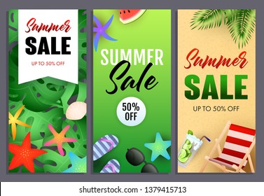 Summer sale letterings set, chaise longue and starfishes. Tourism, summer offer or sale design. Handwritten and typed text, calligraphy. For leaflets, brochures, invitations, posters or banners.