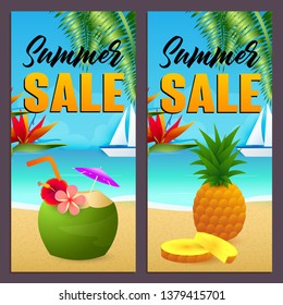 Summer sale letterings set, coconut drink and pineapple on beach. Tourism, summer offer or shopping design. Handwritten and typed text, calligraphy. For leaflets, invitations, posters or banners.