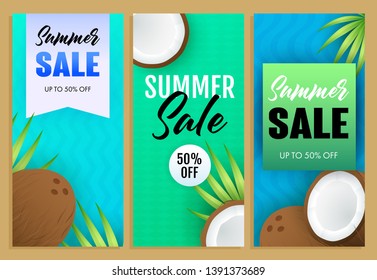 Summer sale letterings set, coconut and leaves. Tourism, summer offer or sale design. Handwritten and typed text, calligraphy. For leaflets, brochures, invitations, posters or banners.