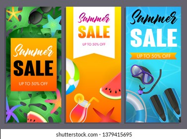 Summer sale letterings set, diving equipment and watermelon. Tourism, summer offer or sale design. Handwritten and typed text, calligraphy. For leaflets, brochures, invitations, posters or banners.
