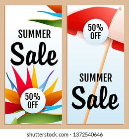 Summer Sale letterings set with exotic flower and beach umbrella. Tourism, summer offer or shopping design. Handwritten and typed text, calligraphy. For leaflets, invitations, posters or banners.