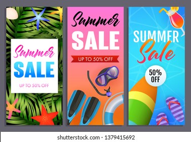 Summer sale letterings set, flip flops, surfboard and scuba mask. Tourism, summer offer or sale design. Handwritten and typed text, calligraphy. For brochures, invitations, posters or banners.