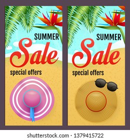 Summer sale letterings set with summer hats on beach. Tourism, summer offer or shopping design. Handwritten and typed text, calligraphy. For leaflets, invitations, posters or banners.