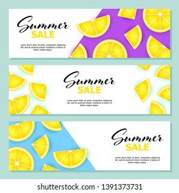 Summer sale letterings set and lemon slices. Tourism, summer offer or sale design. Handwritten and typed text, calligraphy. For leaflets, brochures, invitations, posters or banners.