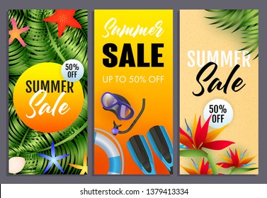 Summer sale letterings set, tropical plants, scuba mask, snorkel. Tourism, summer offer or sale design. Handwritten and typed text, calligraphy. For leaflets, brochures, invitations or posters.