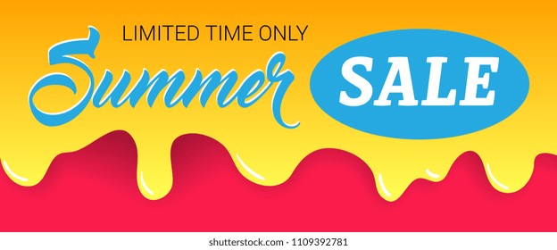 Summer sale, limited time only lettering on dripping paint. Summer offer or sale advertising design. Handwritten and typed text, calligraphy. For leaflets, brochures, invitations, posters or banners.