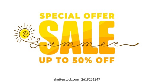 Summer Sale Logo. Summer sale lettering with word summer and sun drawing by continuous line. Can use for advertise, banner, web, print etc. Simple, minimal vibrant design. Isolated Vector illustration