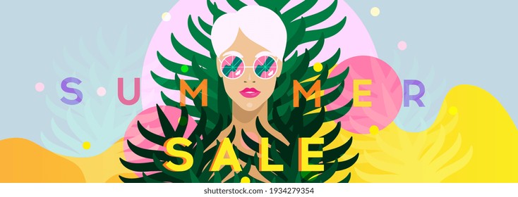 Summer sale long banner with fashion model girl. Woman fashion portrait sale poster with palm leafs in sunglasses. Colorfull trendy background. Vector illustration