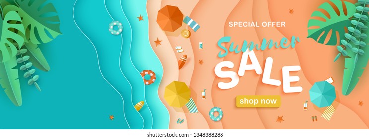 Summer sale, maritime vector background with a beach, sea waves, tropical leaves, fruits, lifebuoys, surfboards, text. Advertising horizontal banner in paper style cut top view