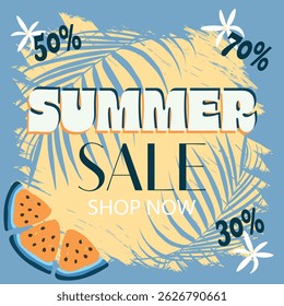 Summer Sale, Marketing, Banner, Template, Flat Design, Promotion, Shop, Watermelon, Flowers, 30%, 50%, 70%, EPS 10, Vector	